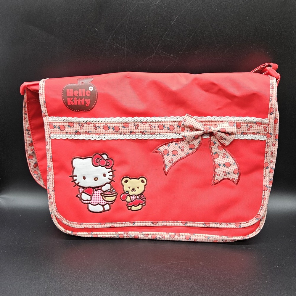 VTG Sanrio Hello Kitty Messenger Shoulder Bag Red Apple Gingham Laptop Y2K
